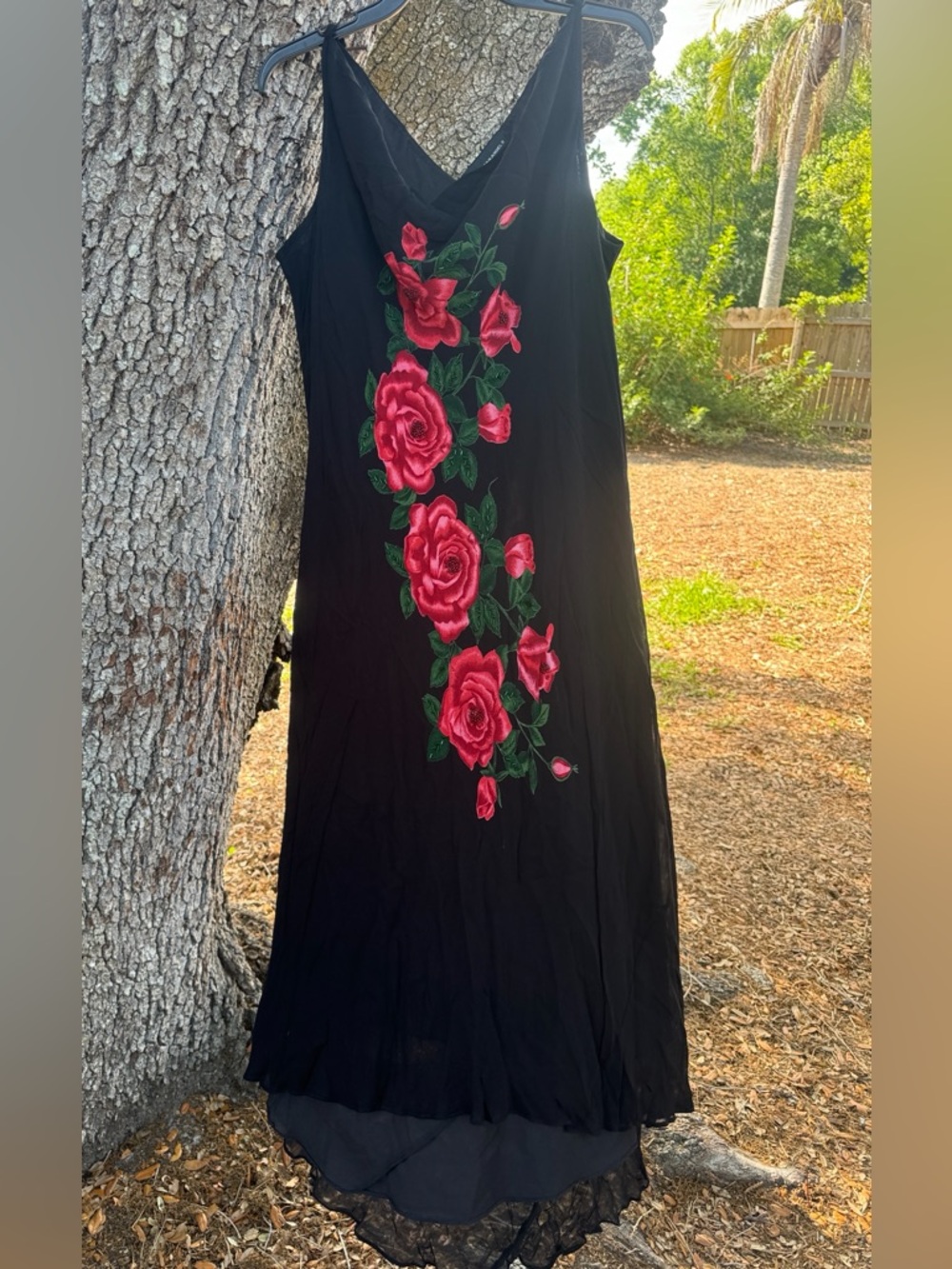 Vtg.90s American Angel Black Beaded Slip Dress with Red Roses.Fully Lined.3X